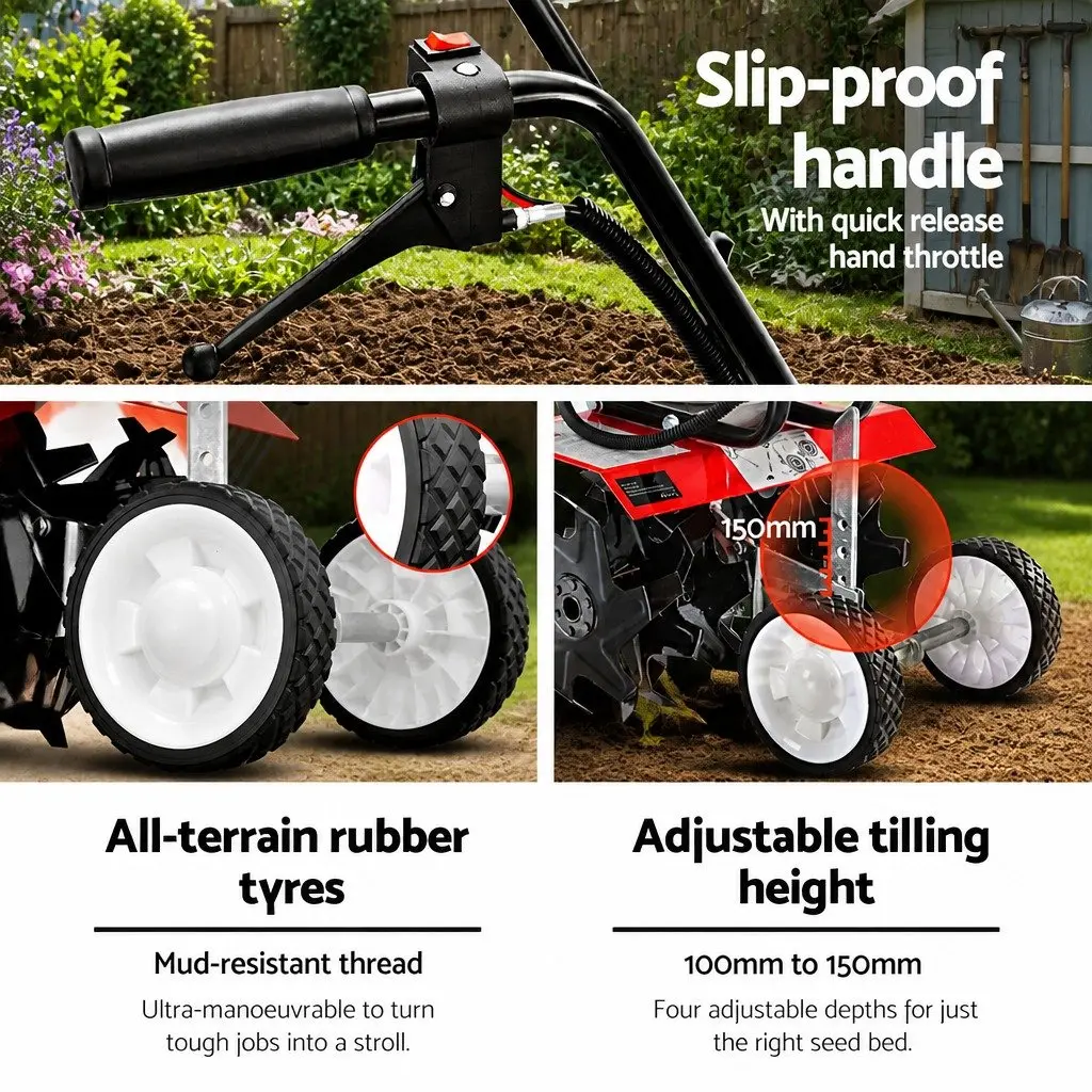 Hand-Held Tiller 65cc 2-Stroke Petrol 400mm Red Soil Cultivator with 6 Blades