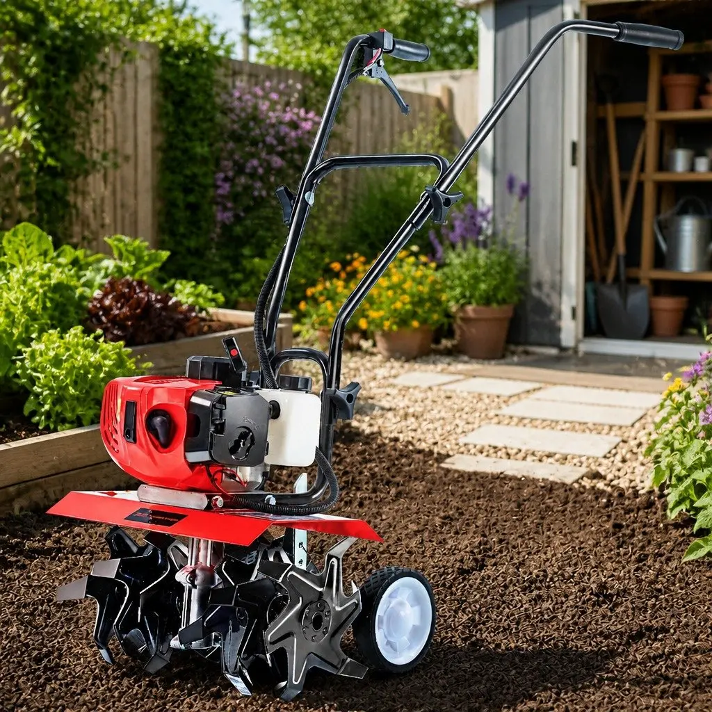 Hand-Held Tiller 65cc 2-Stroke Petrol 400mm Red Soil Cultivator with 6 Blades