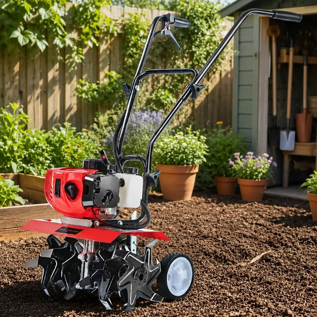 Hand-Held Tiller 65cc 2-Stroke Petrol 400mm Red Soil Cultivator with 6 Blades