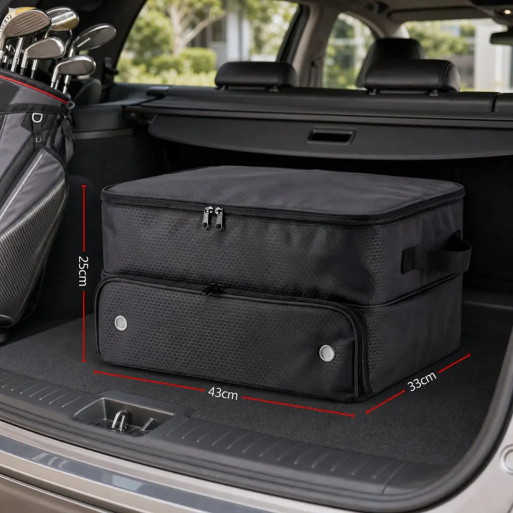 Golf Trunk Organizer Polyester 43x33x25cm Black 2-Tier Ventilated Shoe Compartment