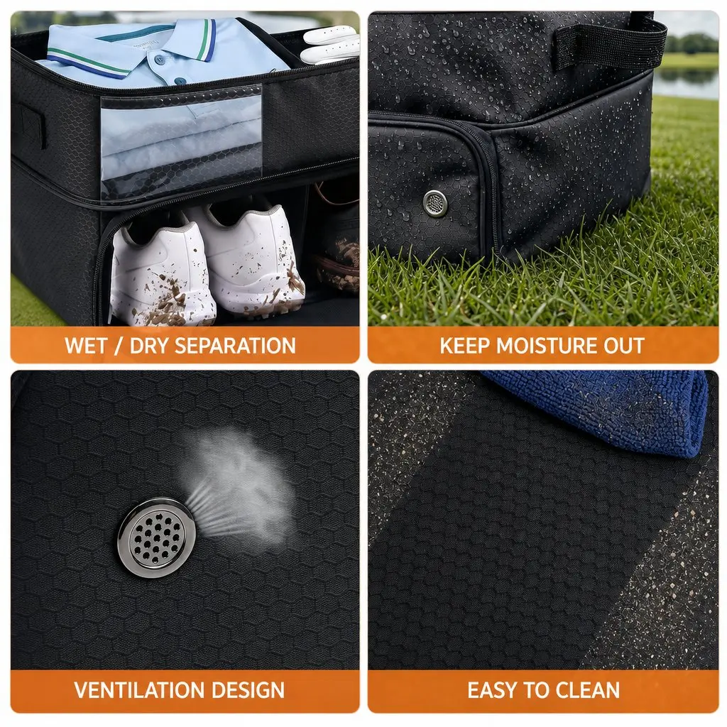 Golf Trunk Organizer Polyester 43x33x25cm Black 2-Tier Ventilated Shoe Compartment