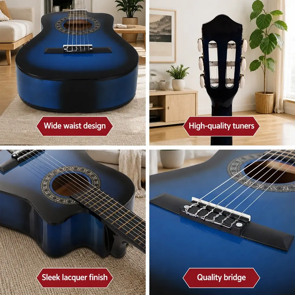 34 Inch Blue Nylon String Classical Guitar Laminated Linden Body with Stand and Picks