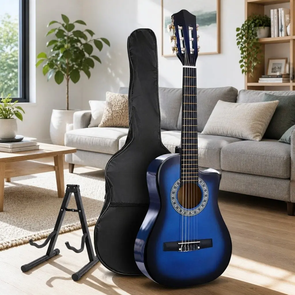 34 Inch Blue Nylon String Classical Guitar Laminated Linden Body with Stand and Picks