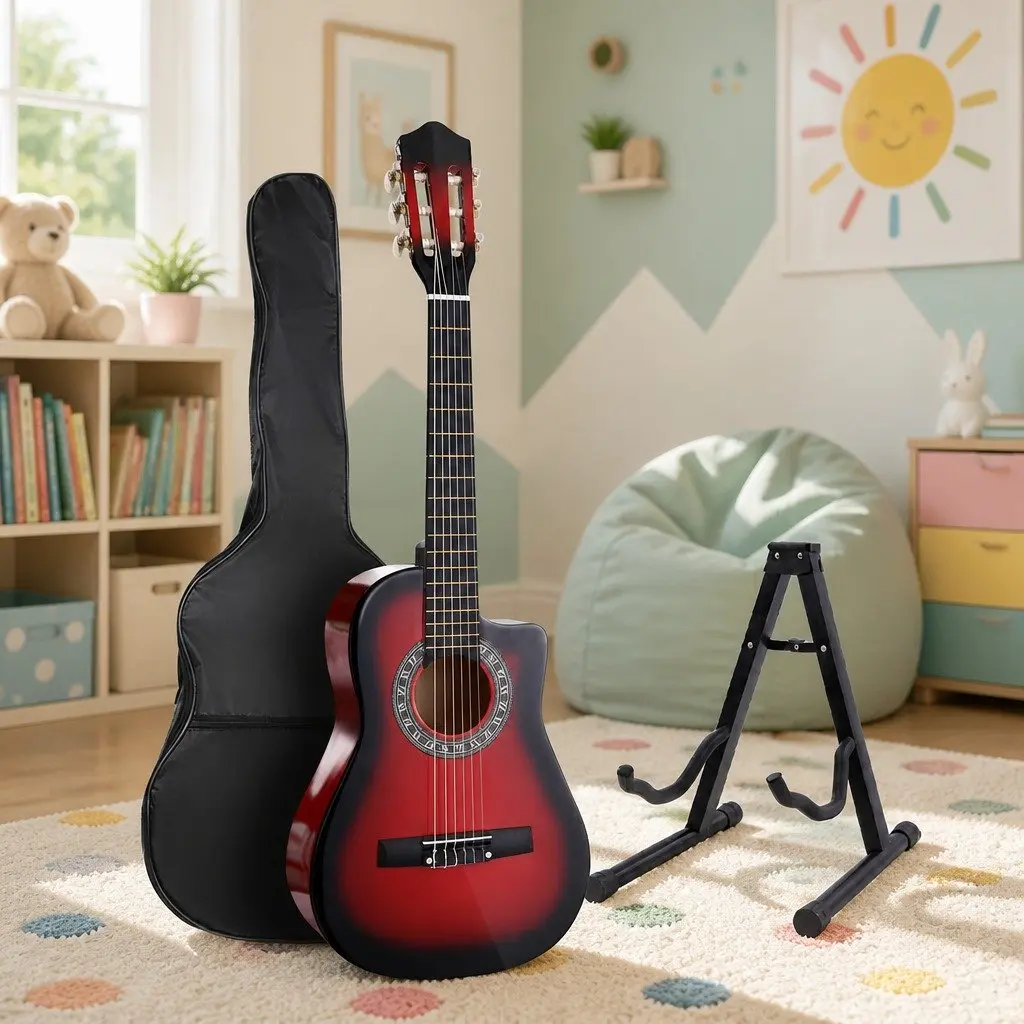 34 Inch Beginner Classical Guitar Red Wooden Body Nylon String with Stand Picks and Carry Bag