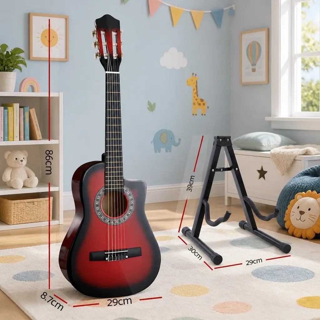 34 Inch Beginner Classical Guitar Red Wooden Body Nylon String with Stand Picks and Carry Bag