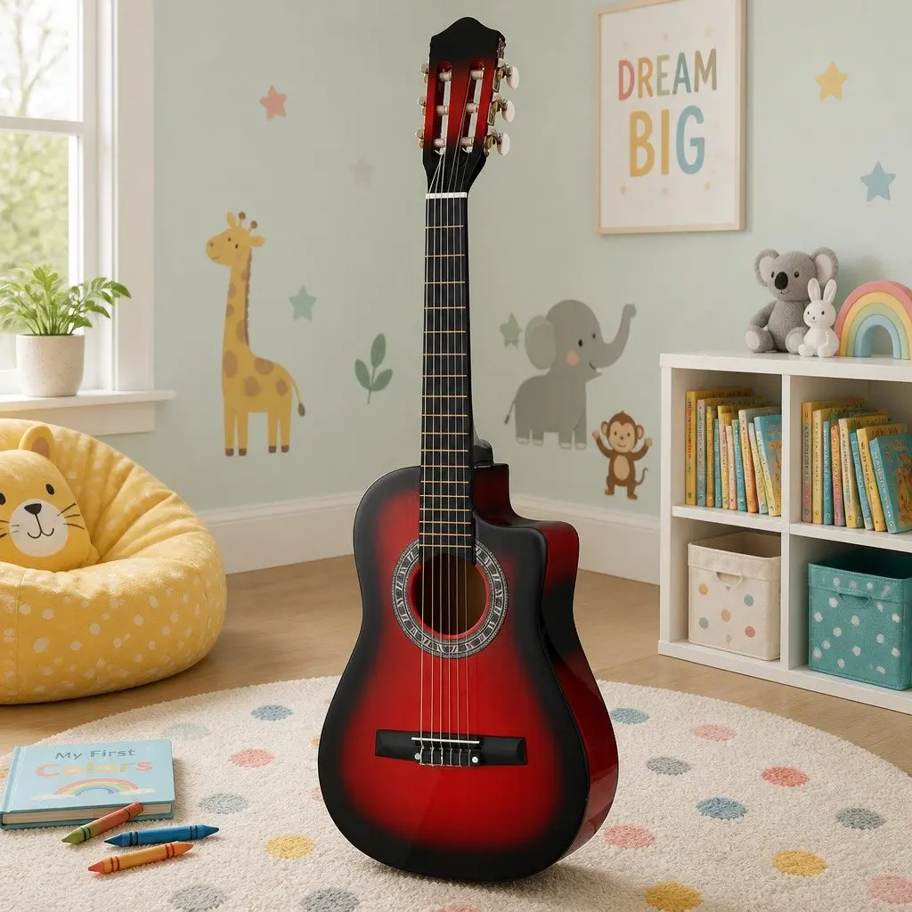 34 Inch Beginner Classical Guitar Red Wooden Body Nylon String with Stand Picks and Carry Bag