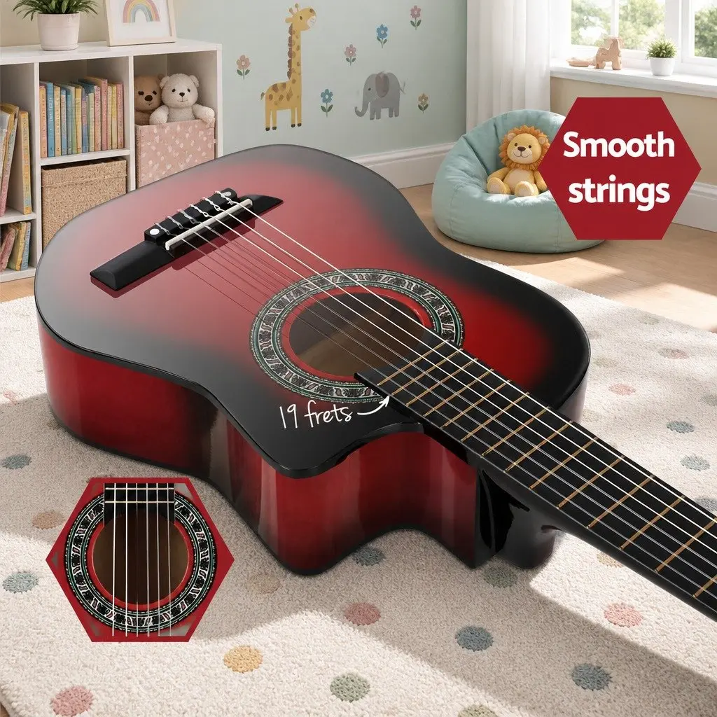 34 Inch Beginner Classical Guitar Red Wooden Body Nylon String with Stand Picks and Carry Bag