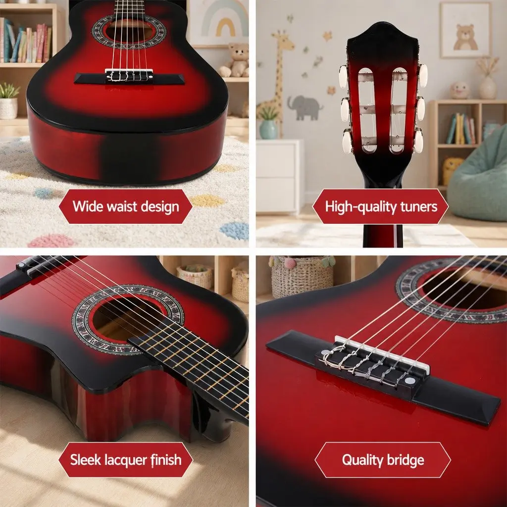 34 Inch Beginner Classical Guitar Red Wooden Body Nylon String with Stand Picks and Carry Bag