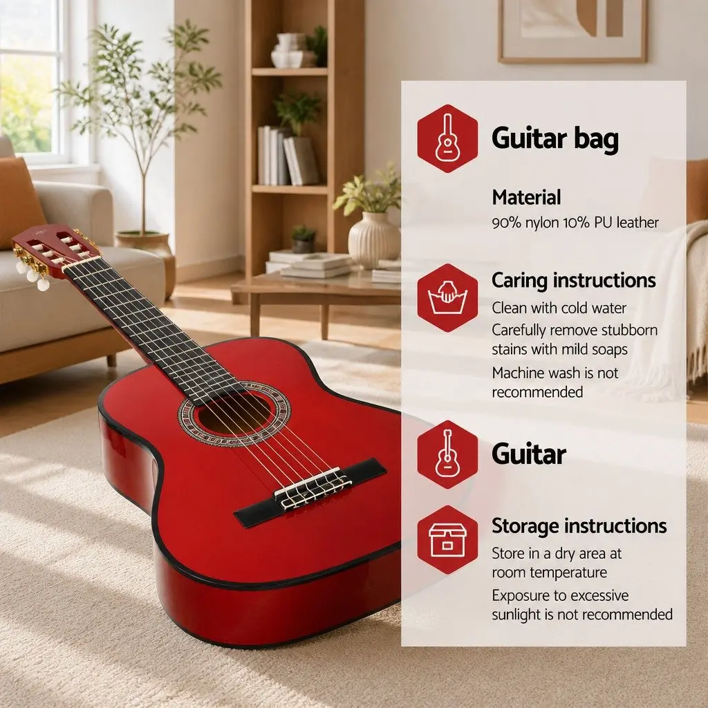 Classical Guitar 34 Inch Laminated Linden Wooden Body Nylon String Red