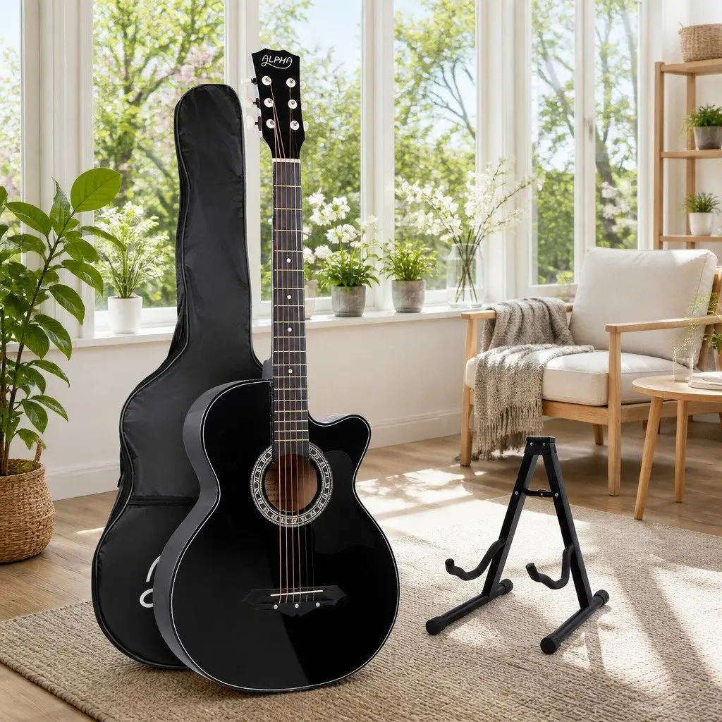38 Inch Acoustic Guitar Black Cutaway Steel String Full Size Wooden Body
