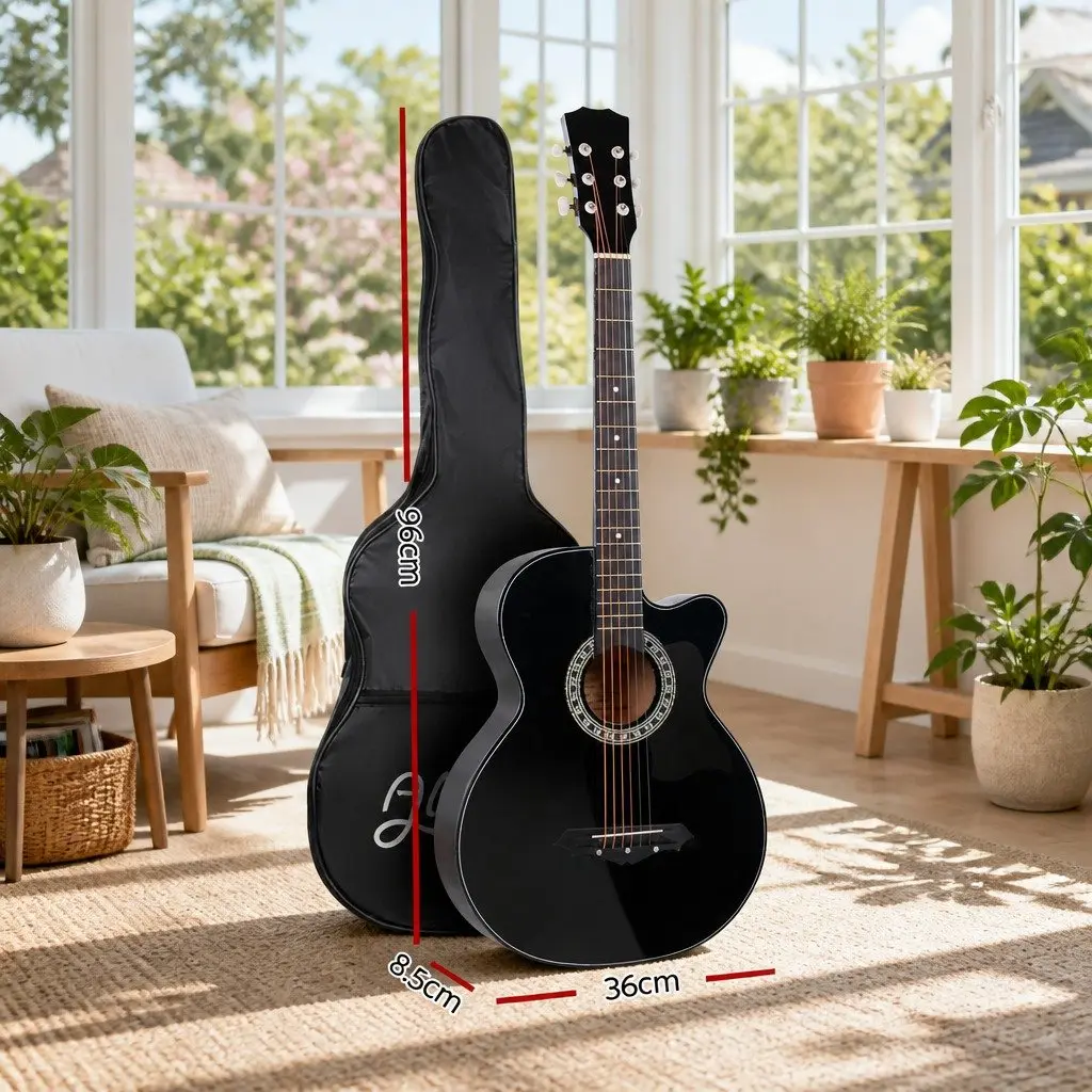 38 Inch Acoustic Guitar Black Cutaway Steel String Full Size Wooden Body