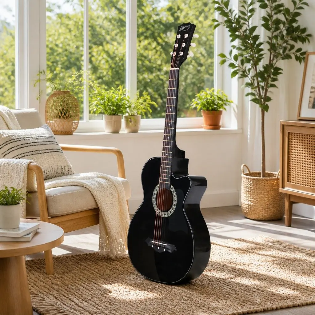 38 Inch Acoustic Guitar Black Cutaway Steel String Full Size Wooden Body