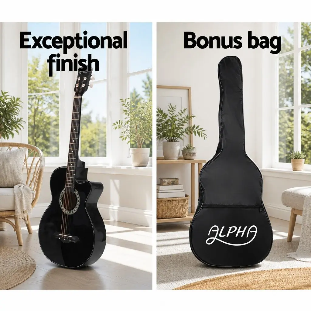 38 Inch Acoustic Guitar Black Cutaway Steel String Full Size Wooden Body