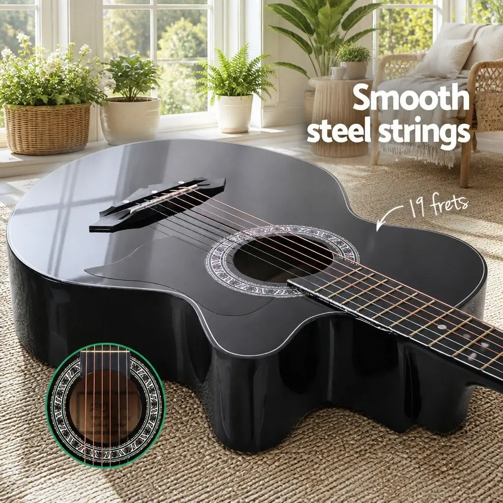 38 Inch Acoustic Guitar Black Cutaway Steel String Full Size Wooden Body