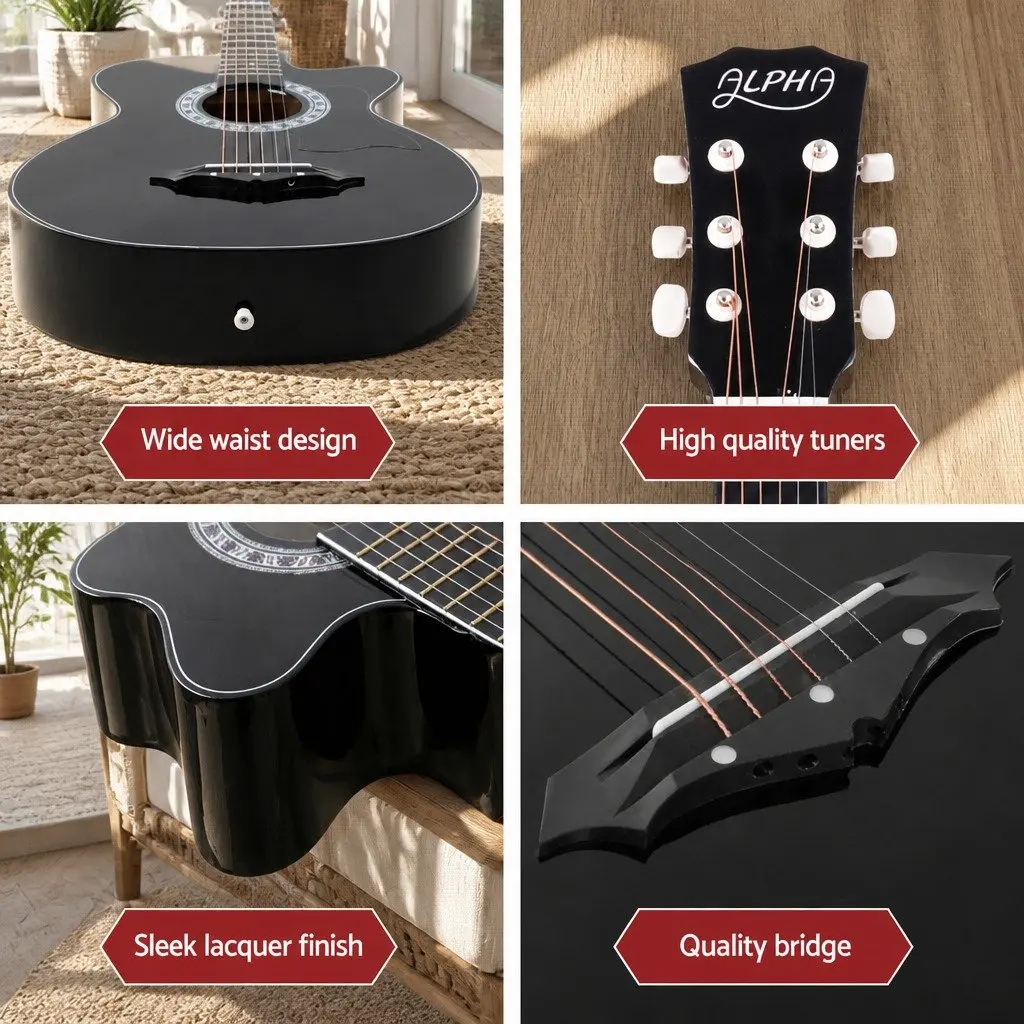 38 Inch Acoustic Guitar Black Cutaway Steel String Full Size Wooden Body