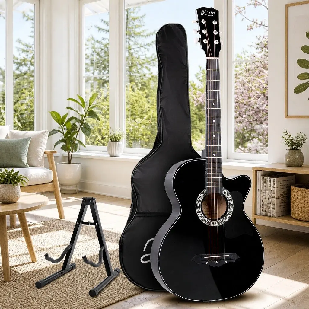 38 Inch Acoustic Guitar Black Cutaway Steel String Full Size Wooden Body