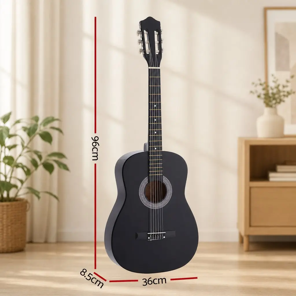 Full Size Acoustic Guitar Black Gloss Cutaway Nylon String 38 Inch Basswood Body 18 Fret Fingerboard