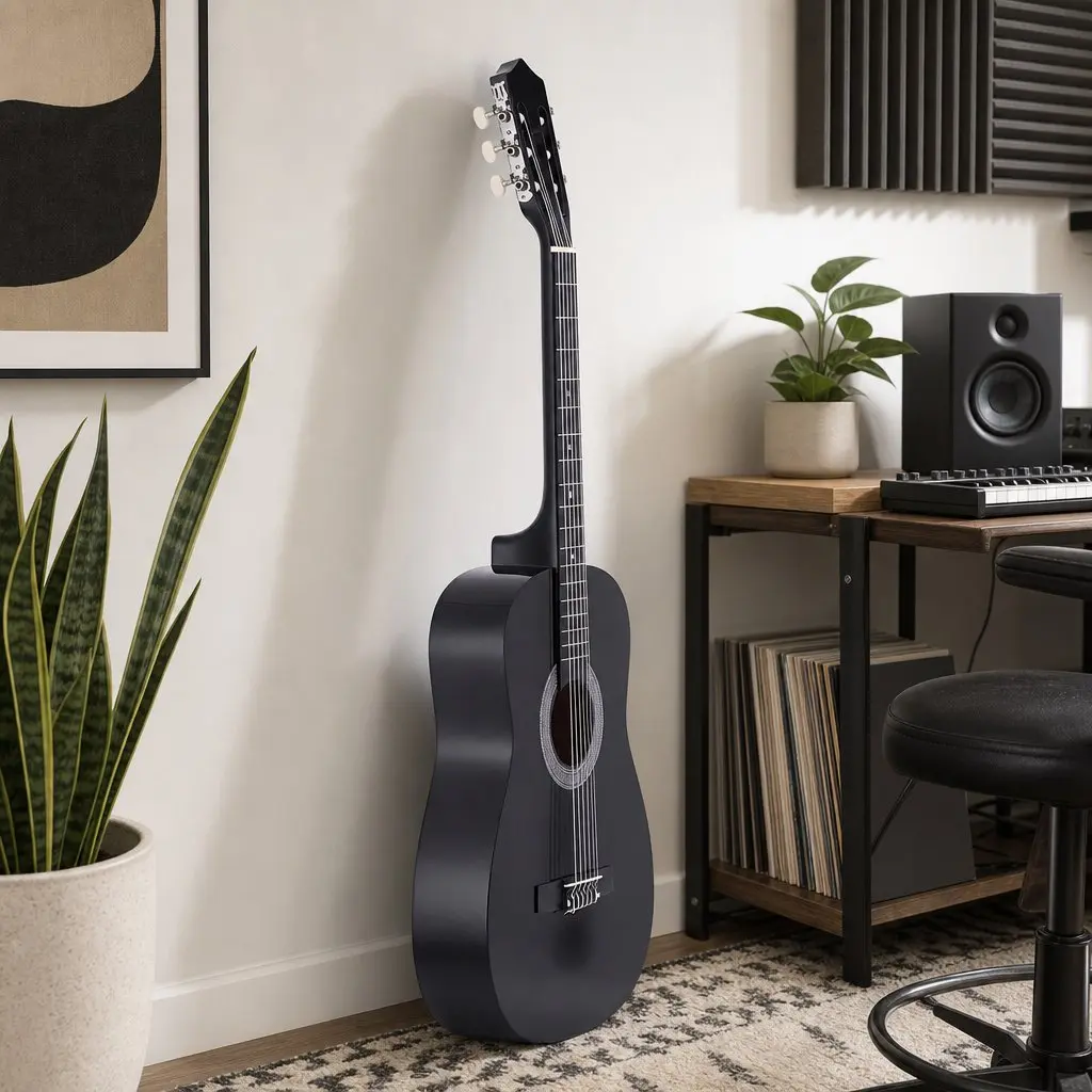 Full Size Acoustic Guitar Black Gloss Cutaway Nylon String 38 Inch Basswood Body 18 Fret Fingerboard