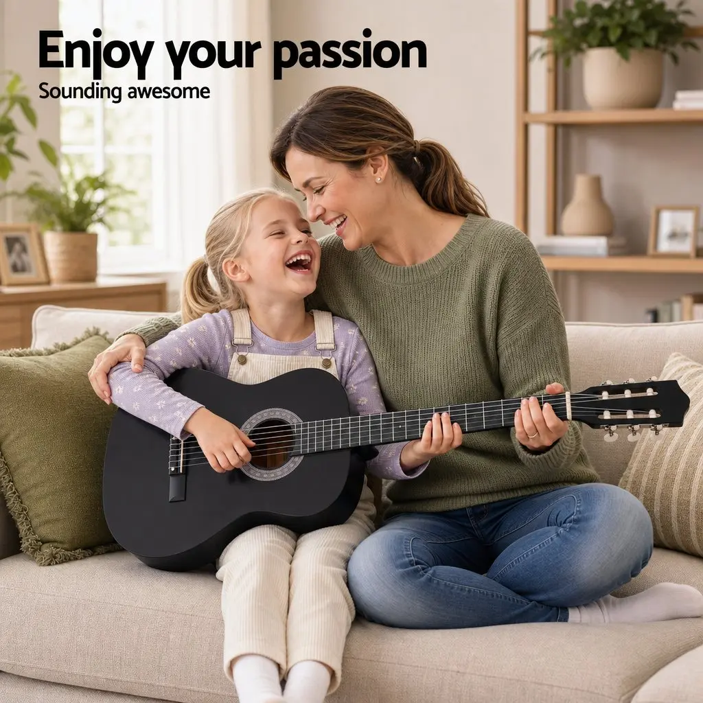 Full Size Acoustic Guitar Black Gloss Cutaway Nylon String 38 Inch Basswood Body 18 Fret Fingerboard