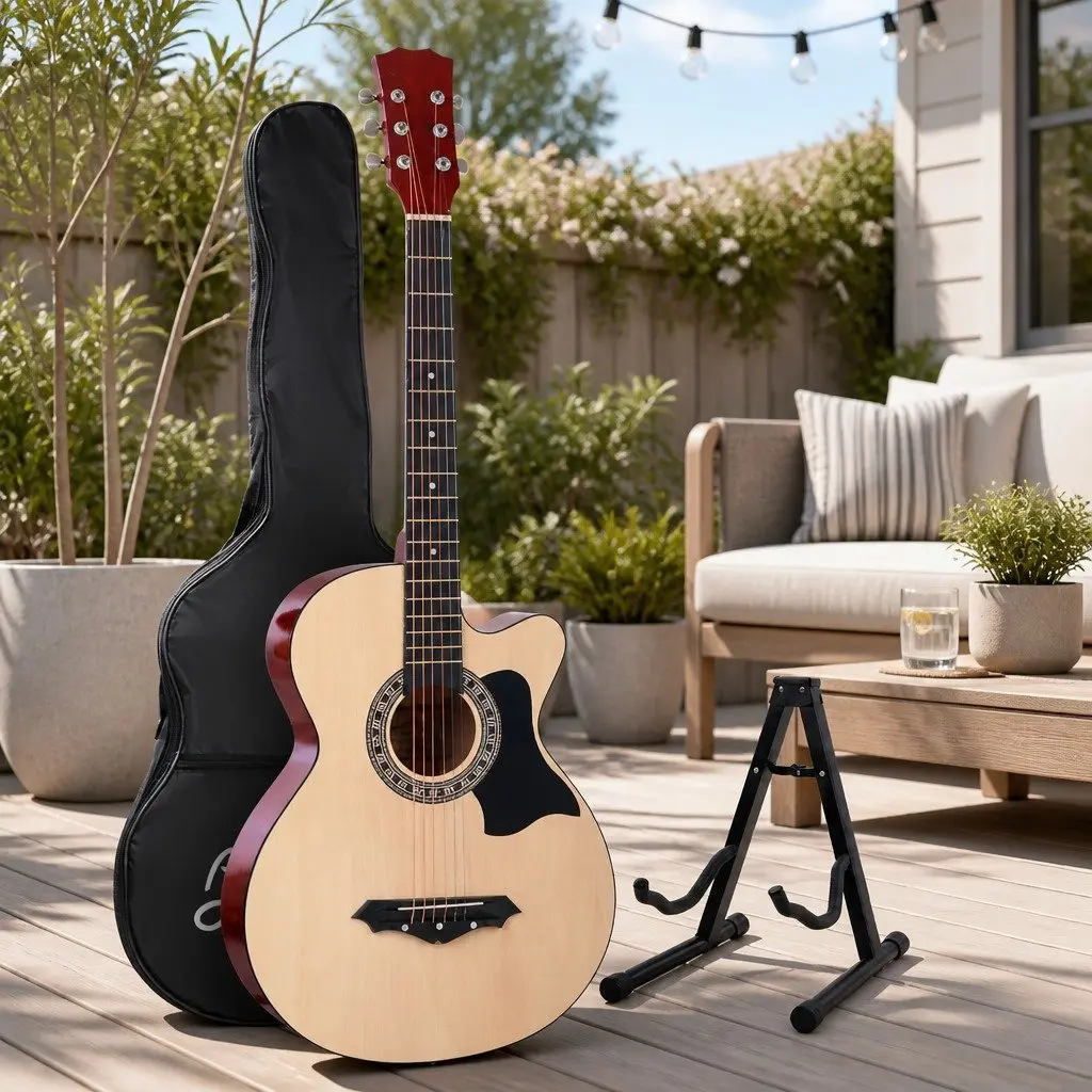 Acoustic Guitar 38 Inch Cutaway Steel String Natural Wood Full Size with Stand Strap Bag