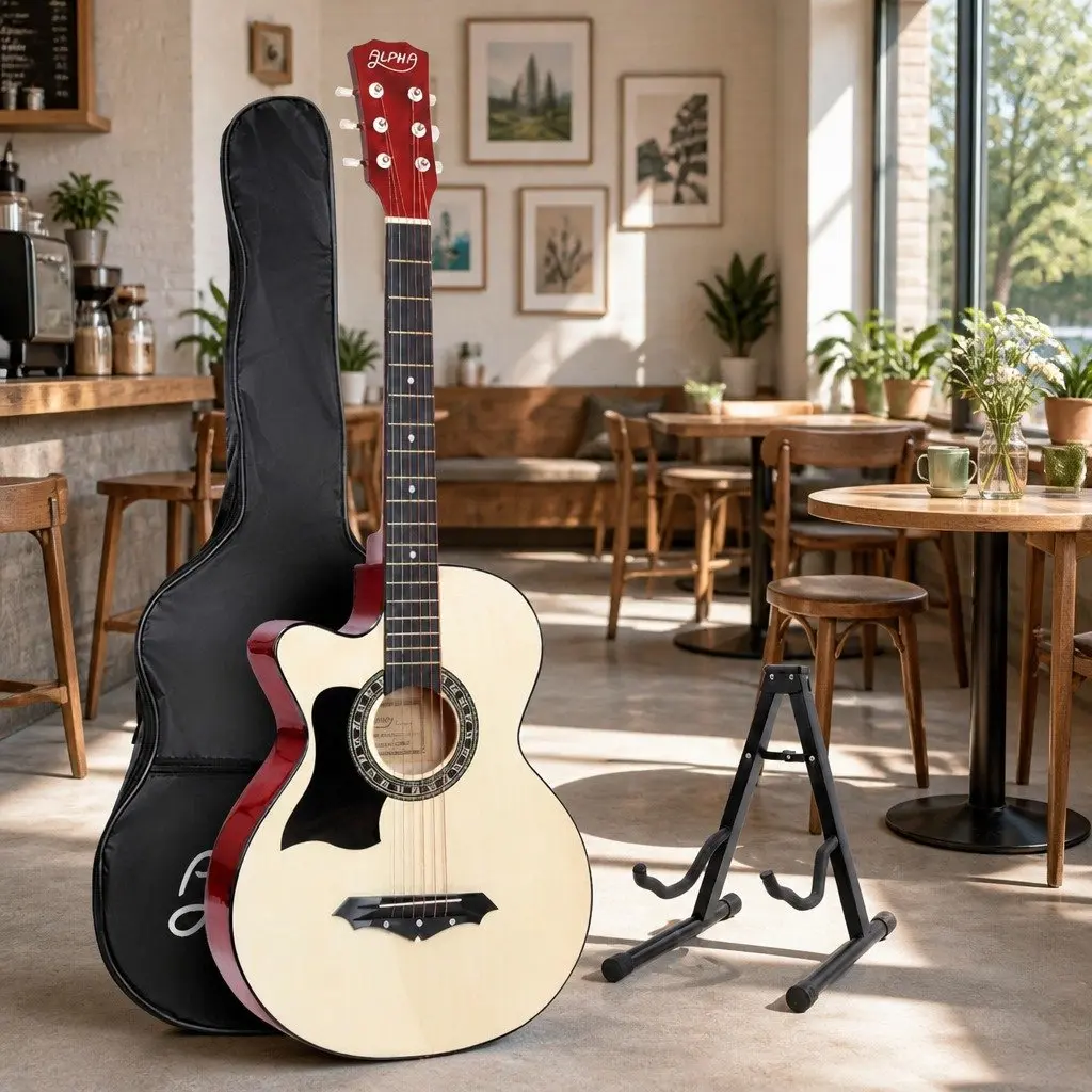 38 Inch Acoustic Guitar Left Handed Steel String Wooden Body with Stand Carry