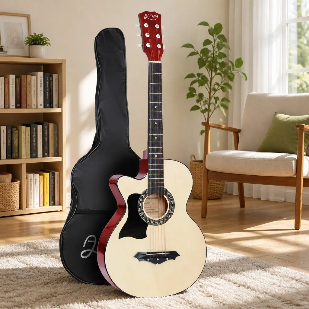 Left Handed Acoustic Guitar Wooden Body Cutaway 38 Inch Natural Wood Steel String