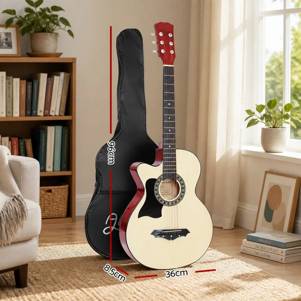 Left Handed Acoustic Guitar Wooden Body Cutaway 38 Inch Natural Wood Steel String