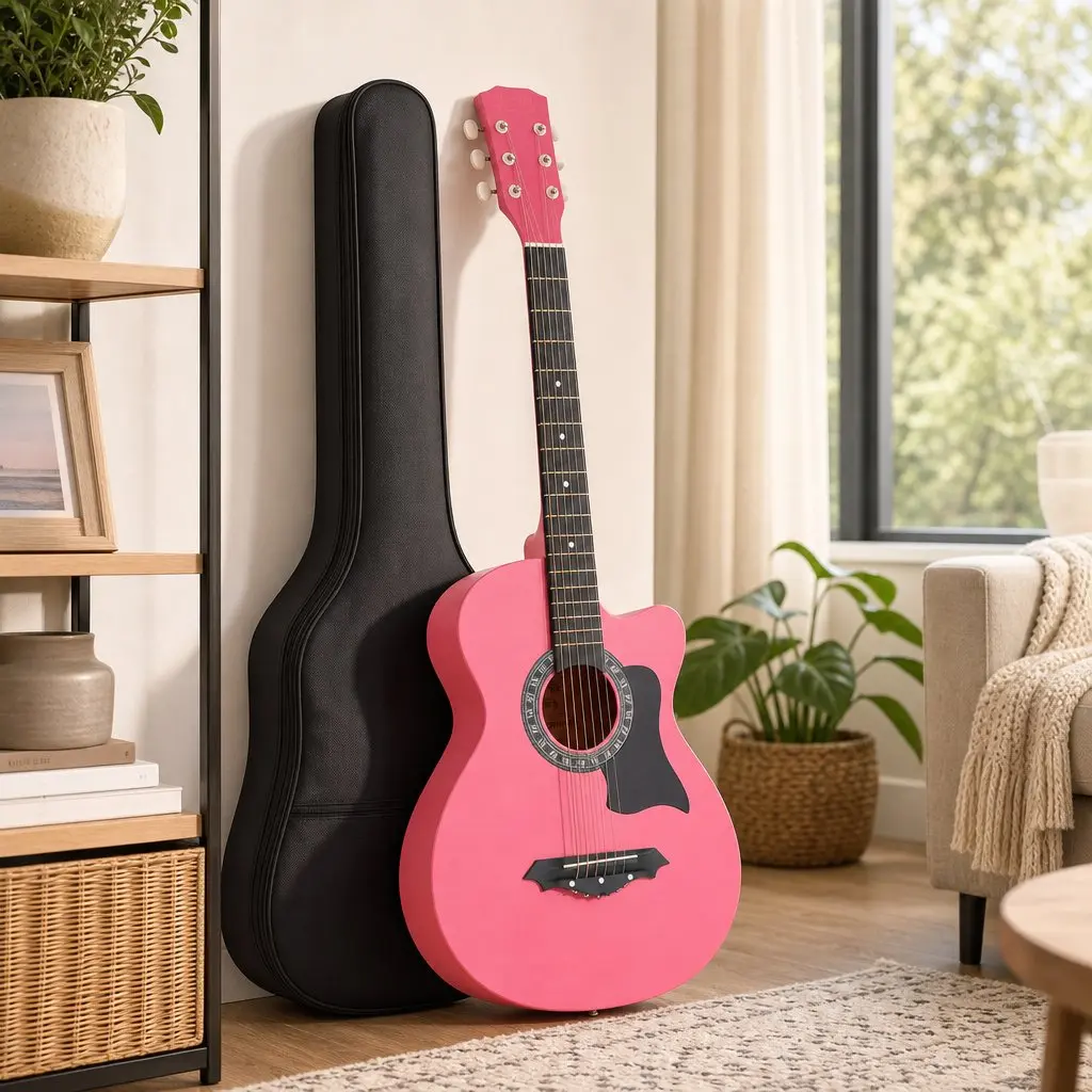 38 Inch Acoustic Guitar Steel String Cutaway Right Handed Pink