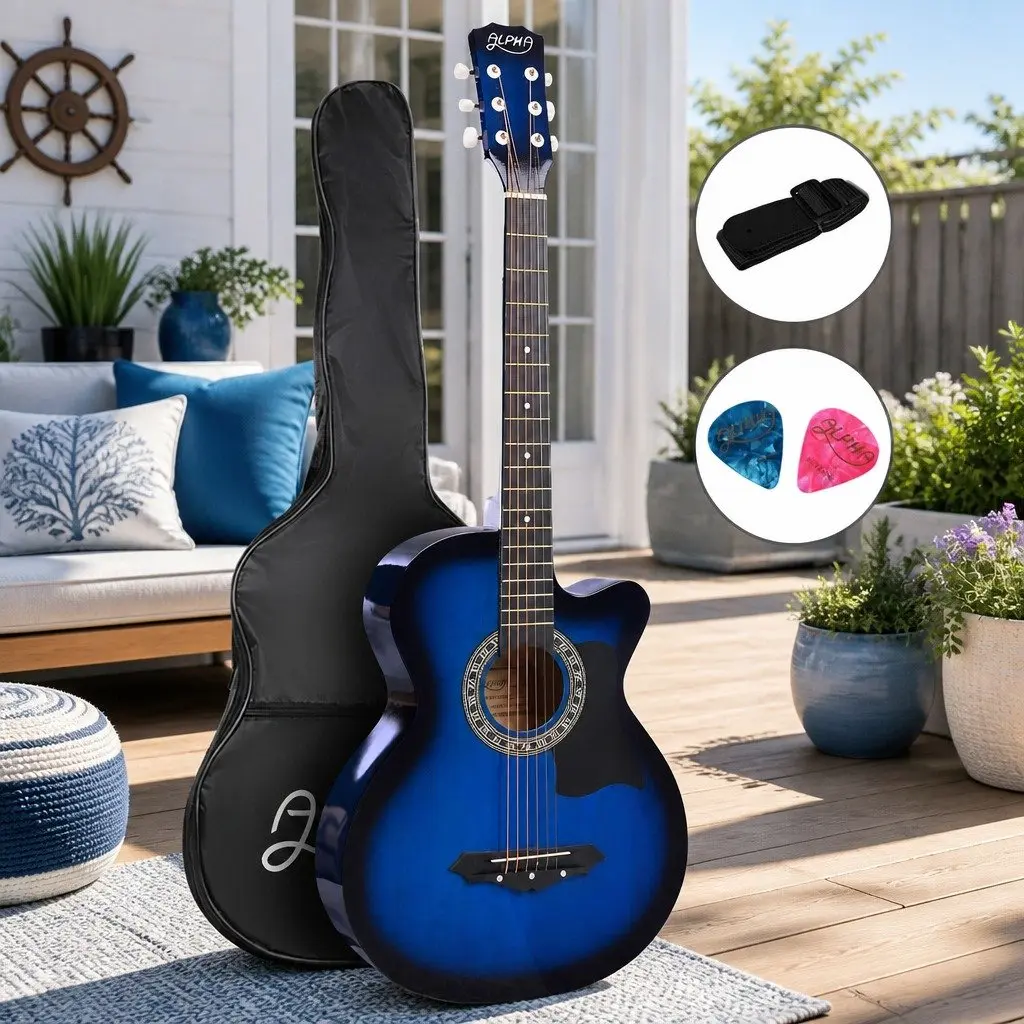 38 Inch Acoustic Guitar Blue Laminated Linden Cutaway Steel String for Beginners