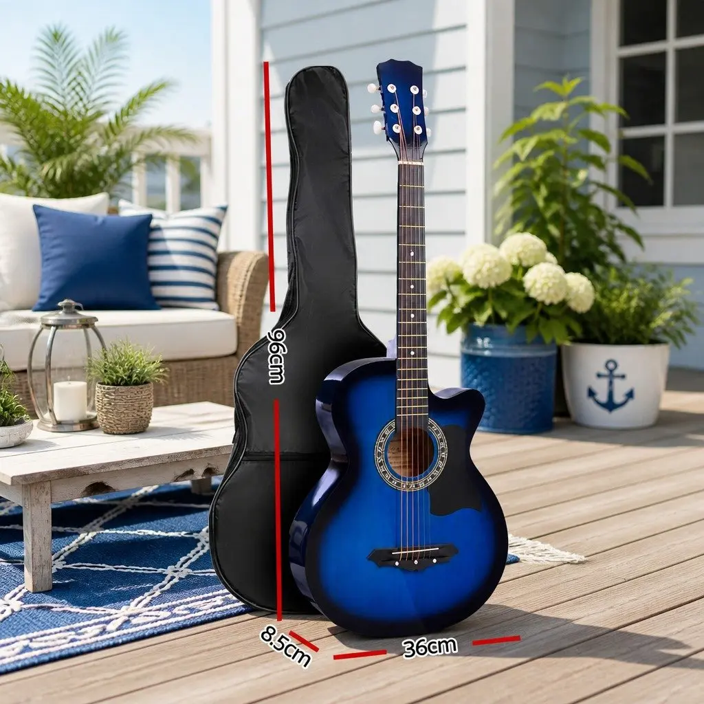 38 Inch Acoustic Guitar Blue Laminated Linden Cutaway Steel String for Beginners