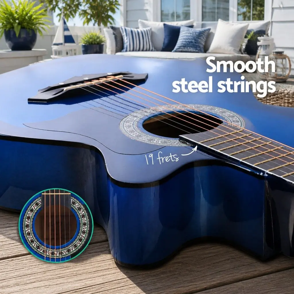 38 Inch Acoustic Guitar Blue Laminated Linden Cutaway Steel String for Beginners
