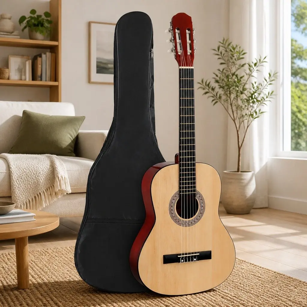 Classical Guitar Wooden Body 39 Inch Natural Wood Nylon String Beginner Starter Pack with Bag