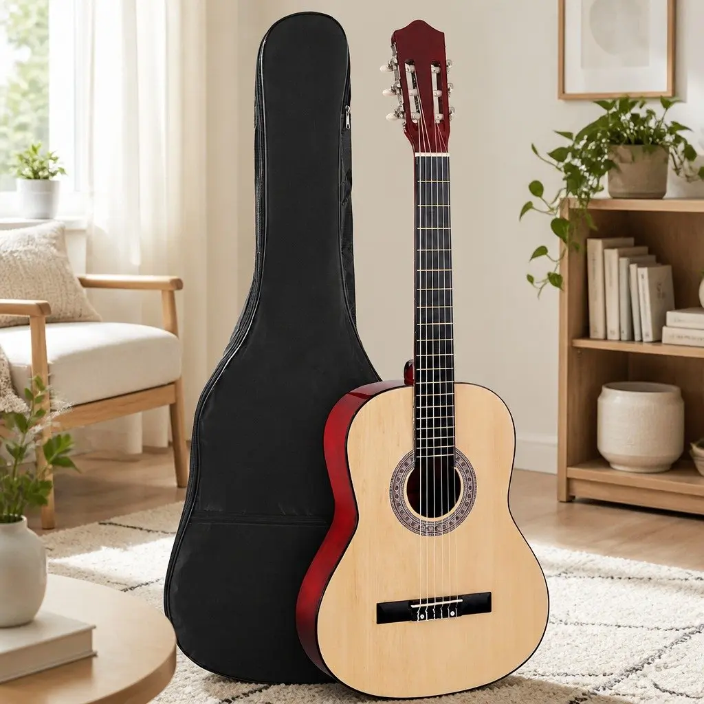 Classical Guitar Wooden Body 39 Inch Natural Wood Nylon String Beginner Starter Pack with Bag