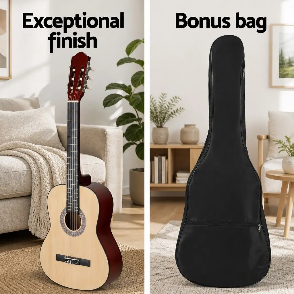 Classical Guitar Wooden Body 39 Inch Natural Wood Nylon String Beginner Starter Pack with Bag