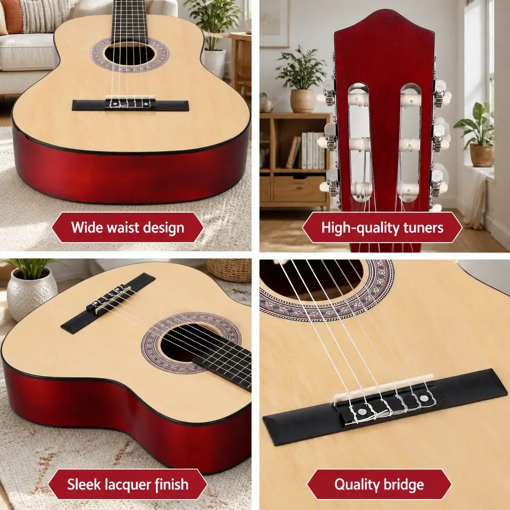 Classical Guitar Wooden Body 39 Inch Natural Wood Nylon String Beginner Starter Pack with Bag