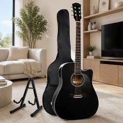41 Inch Cutaway Acoustic Guitar 5-Band EQ Electric Output Black with Stand
