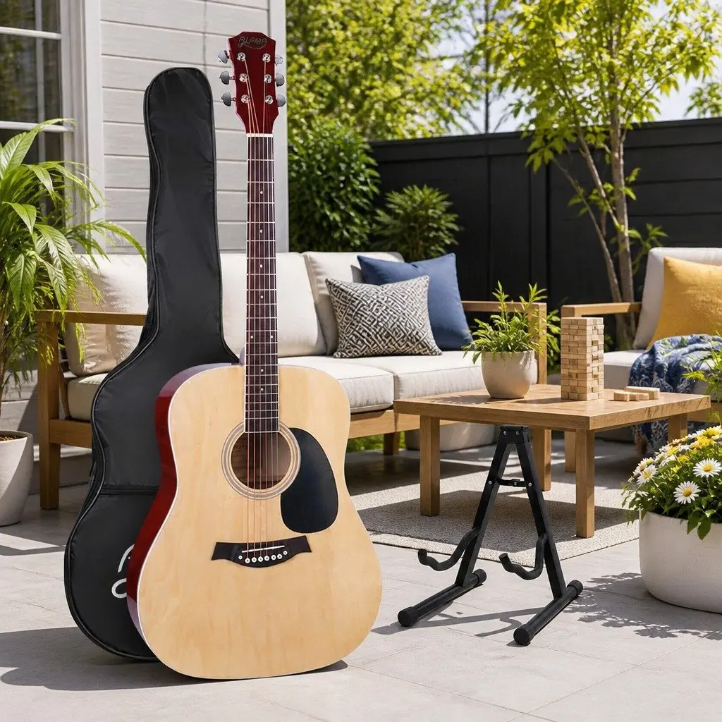 41 Inch Acoustic Cutaway Guitar Dreadnought Laminated Linden Natural Wood with Stand