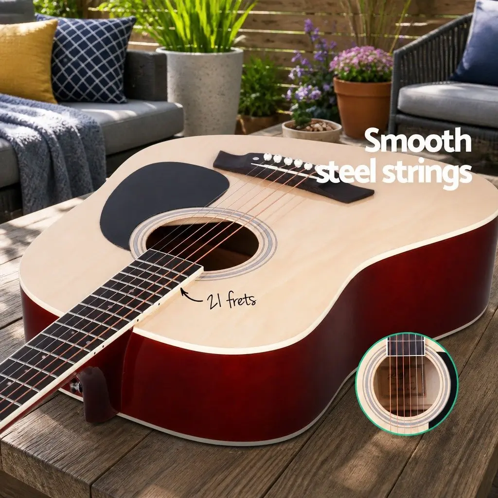 41 Inch Acoustic Cutaway Guitar Dreadnought Laminated Linden Natural Wood with Stand