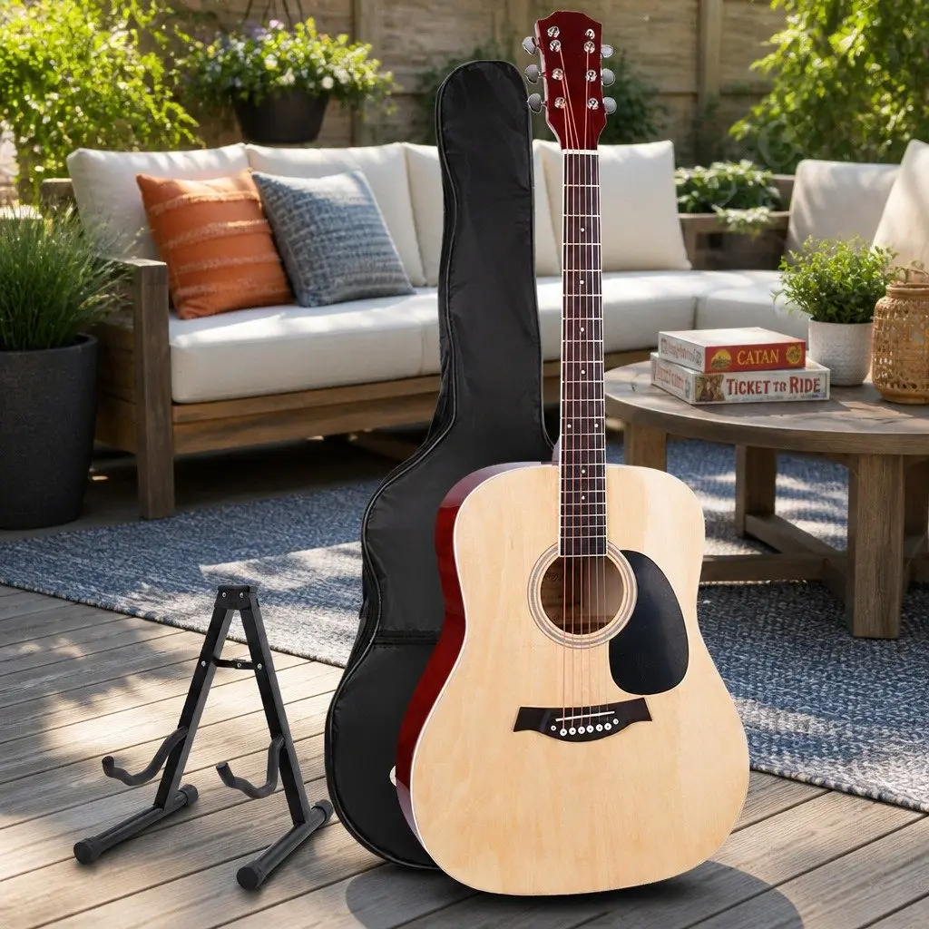 41 Inch Acoustic Cutaway Guitar Dreadnought Laminated Linden Natural Wood with Stand