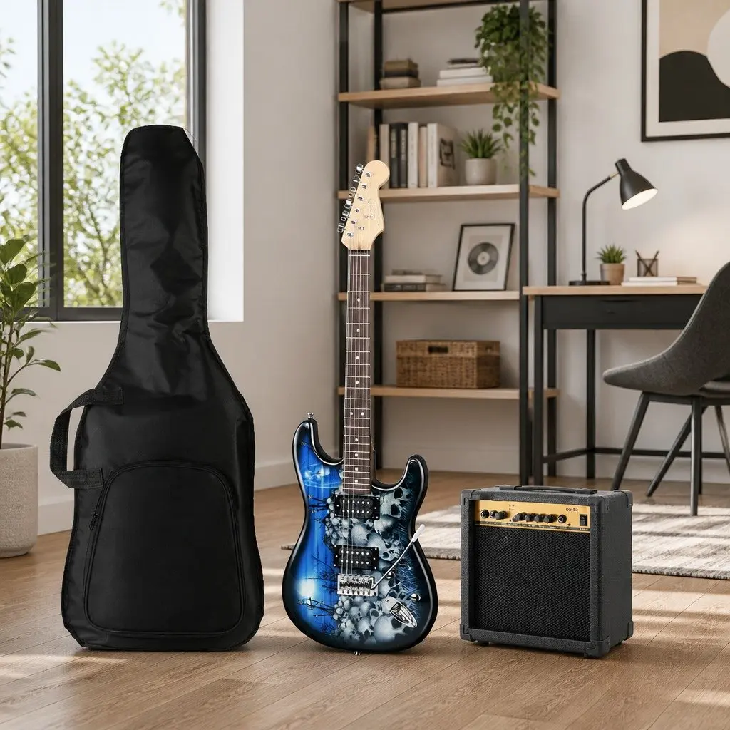 Electric Guitar 20W Amplifier Combo Set Solid Body Poplar Wood Canadian Maple Rosewood Blue