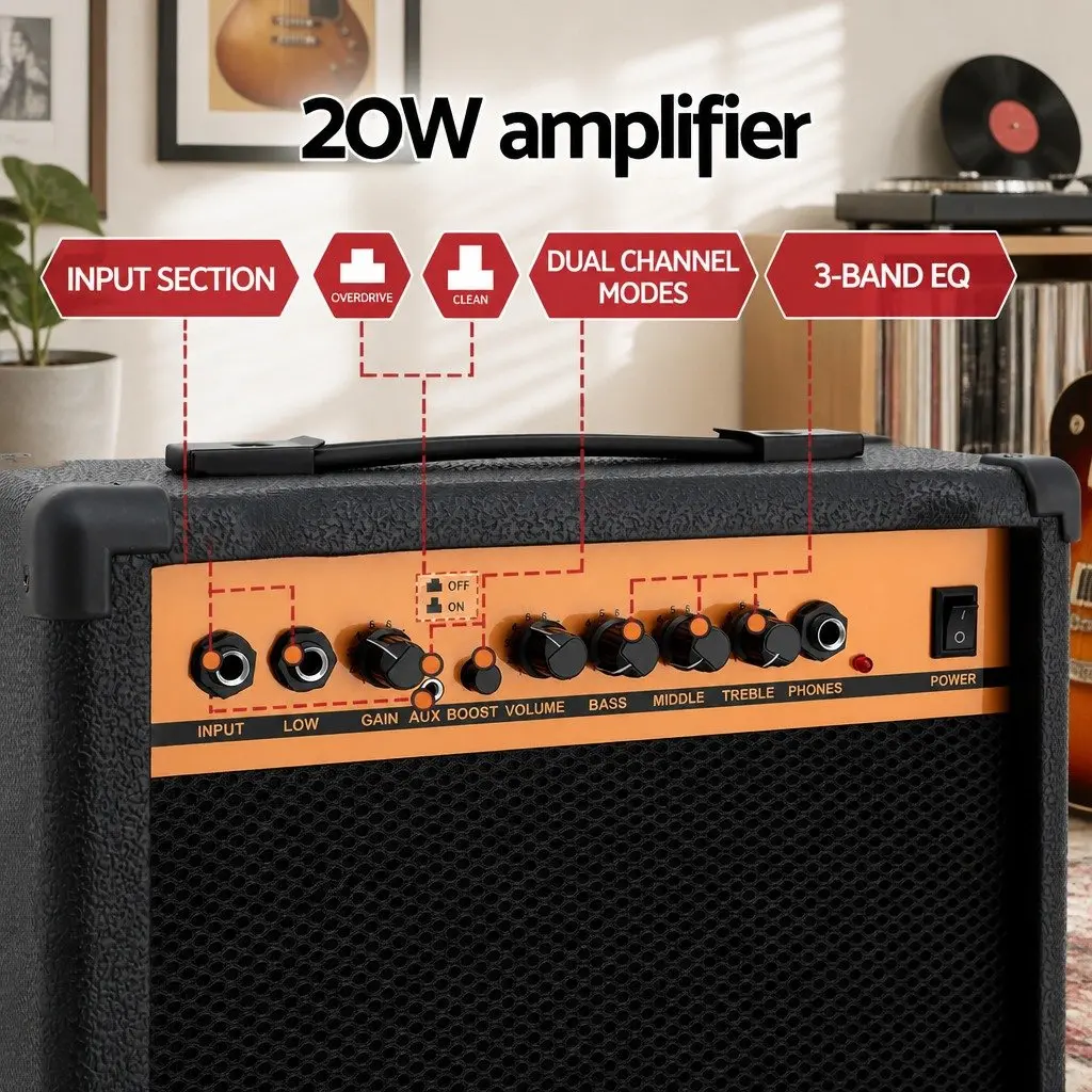 Guitar Amplifier 20W Portable 6.5 Inch Speaker Black