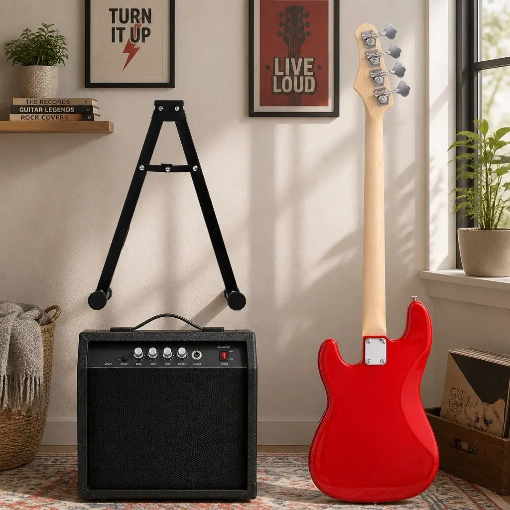 Electric Guitar Beginner Kit 47 Inch Basswood Body Maple Neck Red and White with 40W Amplifier Stand Strap Picks