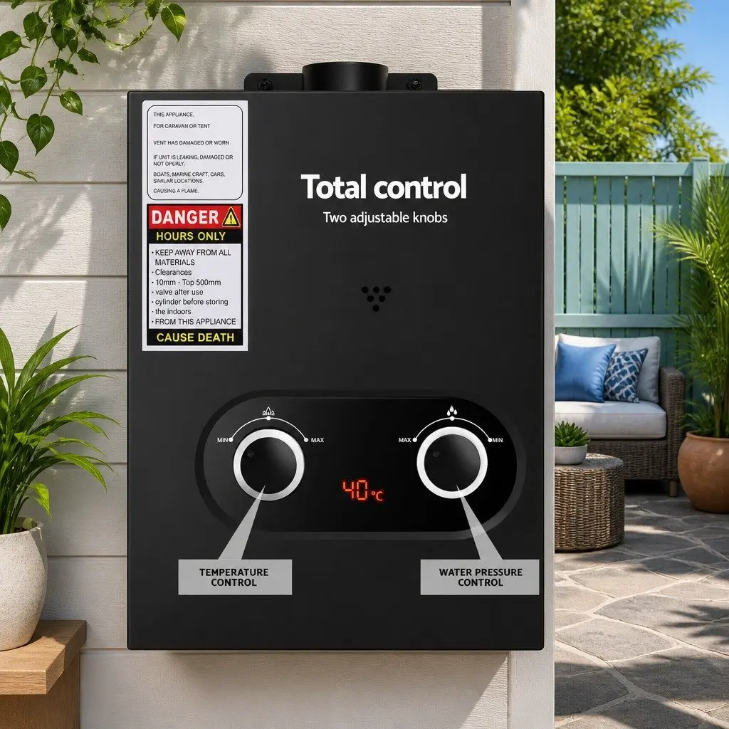LPG Portable Water Heater for Outdoor Showers with LED Display and Adjustable Temperature Control Black 30.5 x 12 x 47 cm