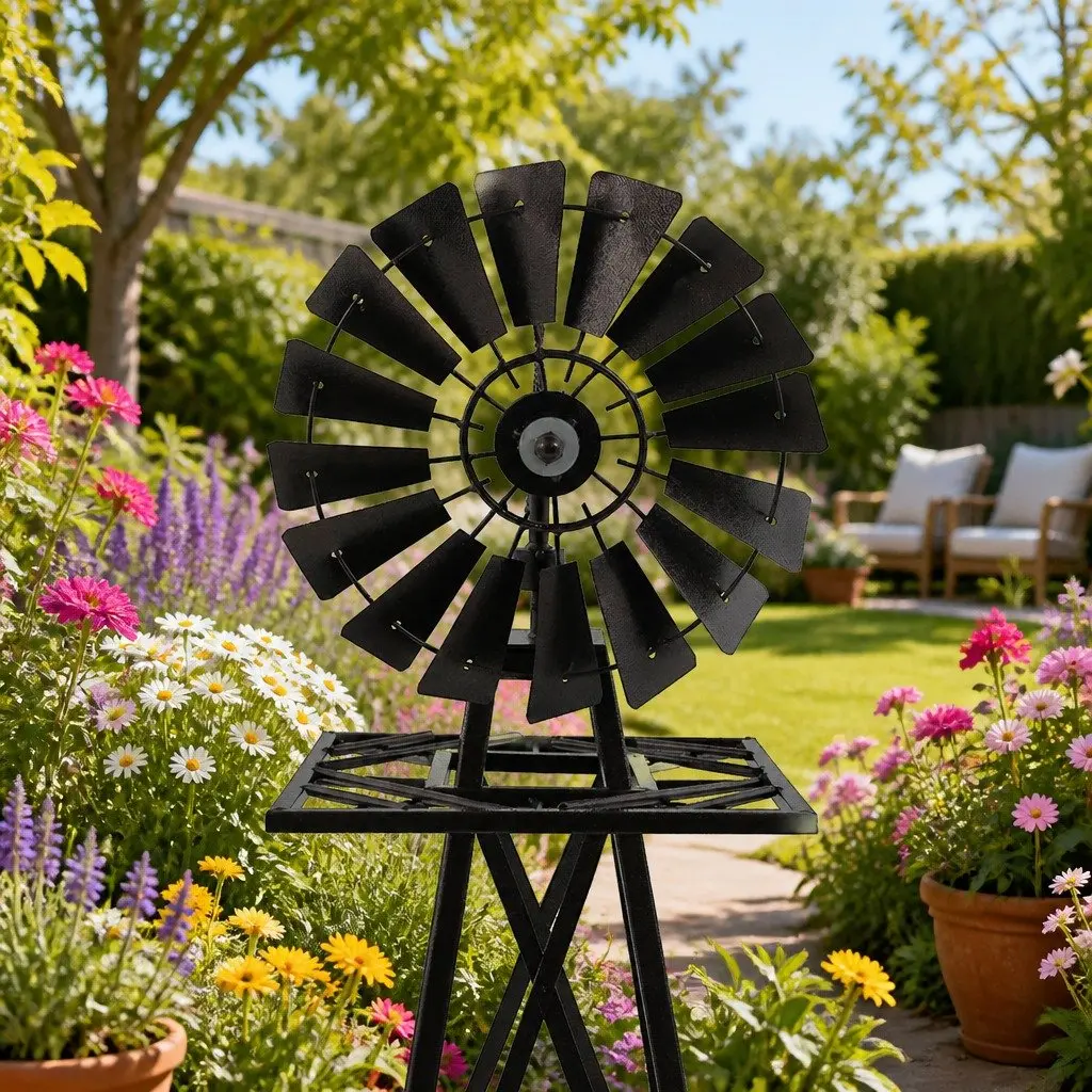Garden Windmill Metal 120cm Outdoor Decor with Weather Vane and Rotating Blades Bronze Trim