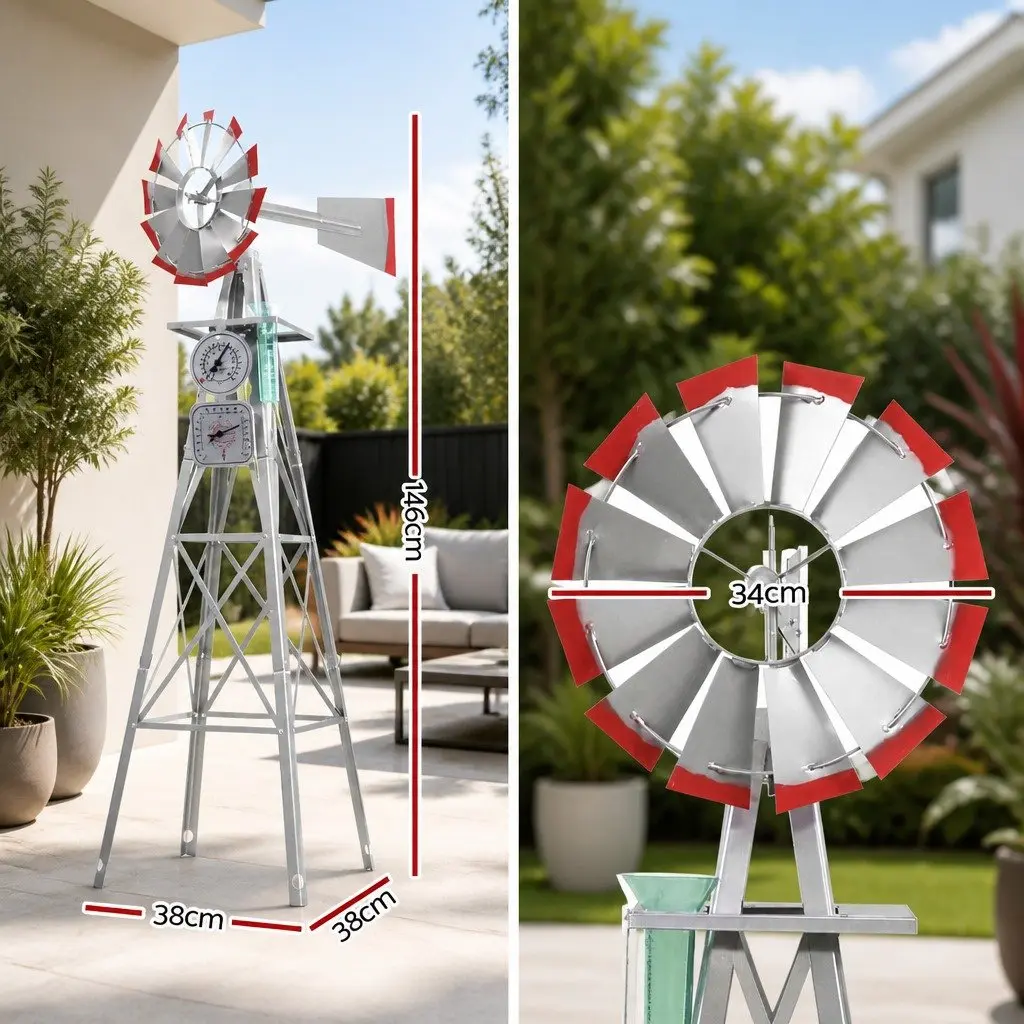 Metal Garden Windmill 4FT Outdoor Decor Weathervane with 12 Blades Grey and Red Trim