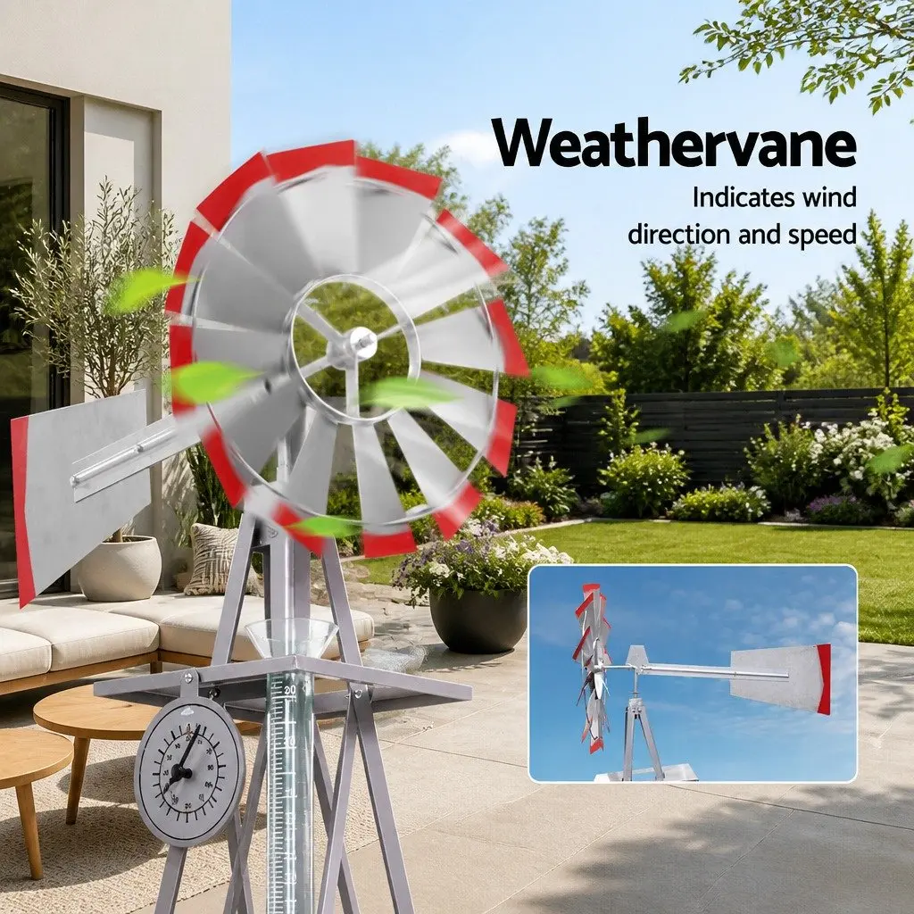 Metal Garden Windmill 4FT Outdoor Decor Weathervane with 12 Blades Grey and Red Trim