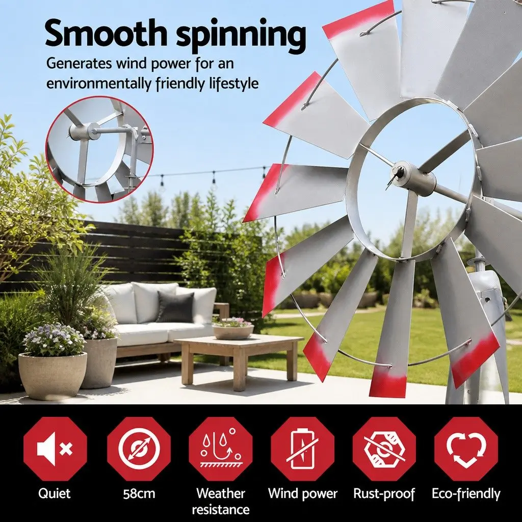 Metal Garden Windmill 4FT Outdoor Decor Weathervane with 12 Blades Grey and Red Trim