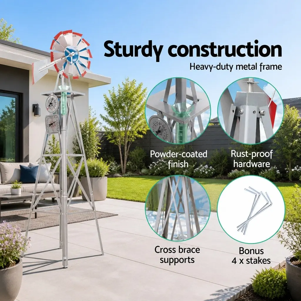 Metal Garden Windmill 4FT Outdoor Decor Weathervane with 12 Blades Grey and Red Trim