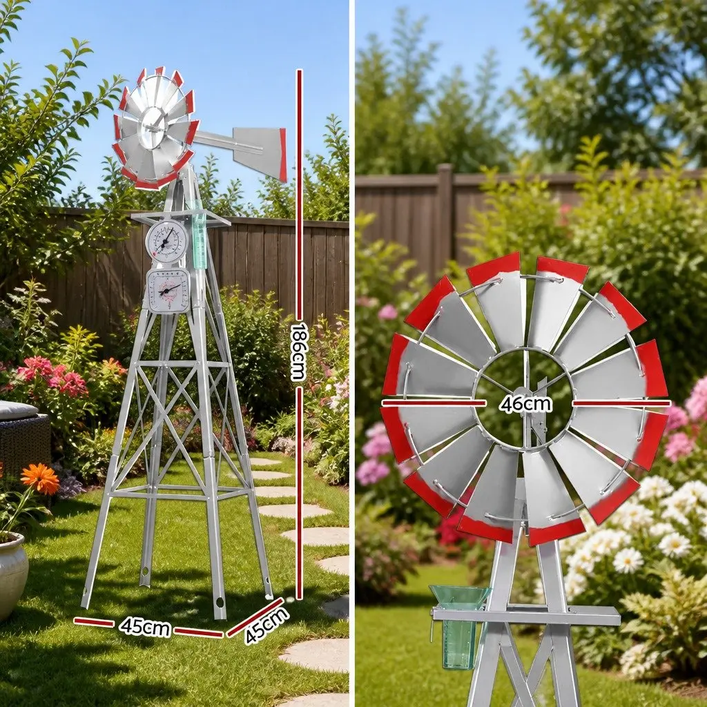 Garden Windmill 6FT Outdoor Ornament Weathervane 12 Blade Metal Decoration Grey