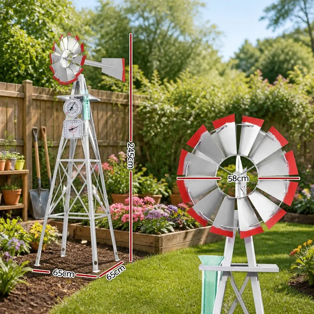 Garden Windmill Metal 8FT Grey with Red Trim Outdoor Ornamental Decoration Weathervane